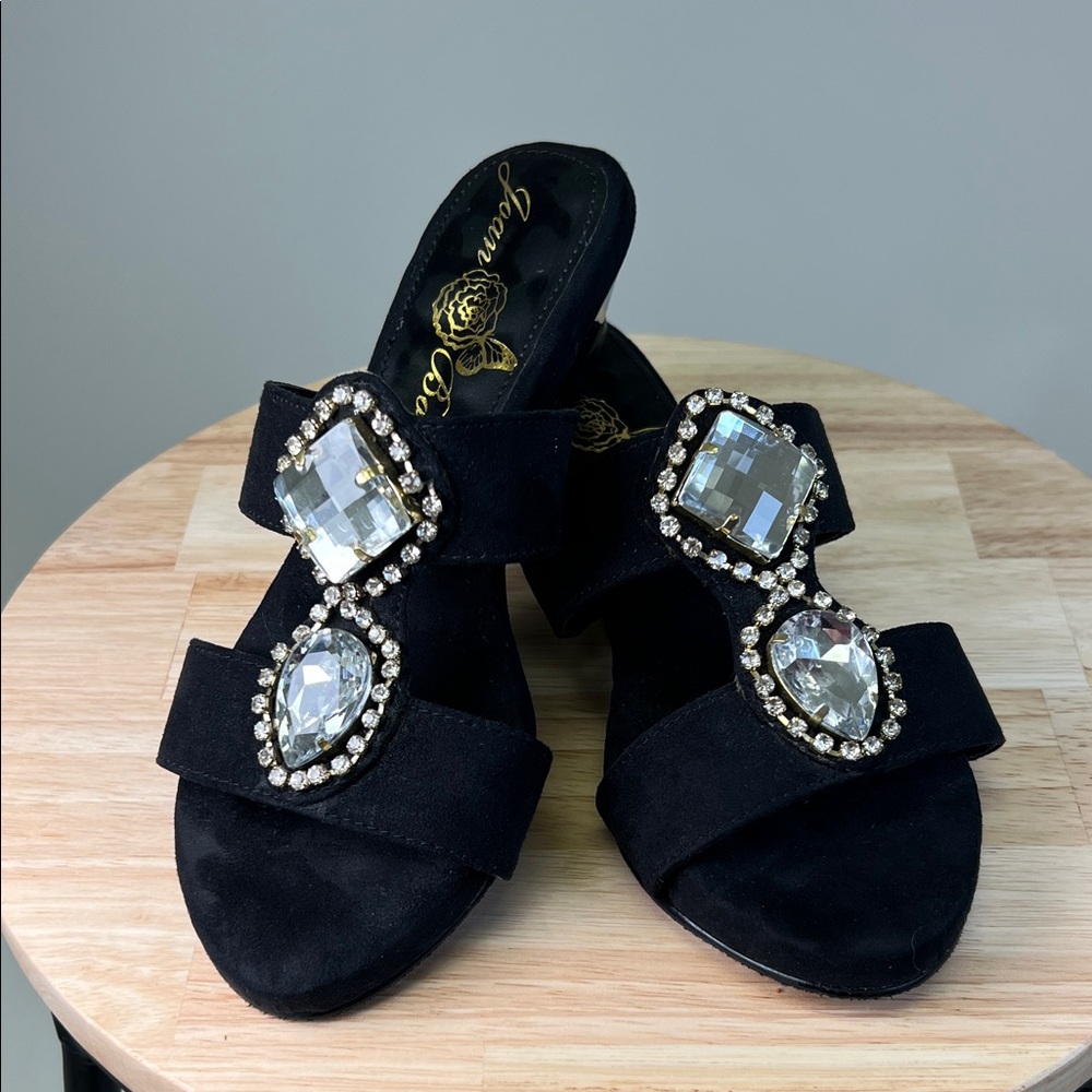 Joan Boyce Women's Black Fancy Low Wedge Sandals with Crystal Accents Size 5.5